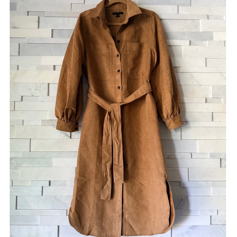 BANANA REPUBLIC Faux-suede Midi Shirt Dress Classic Tan/Camel M western safari